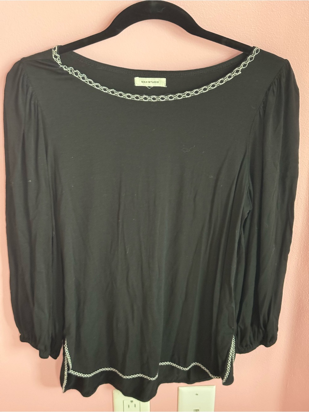 Max Studio Black Boho Boat Neck Top Embroidered Trim 3/4 Balloon Sleeve S
